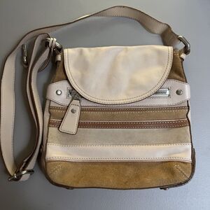 Vtg Fossil Crossbody Purse Suede Leather Stripe Brown Multi‎ Tone Hang Key